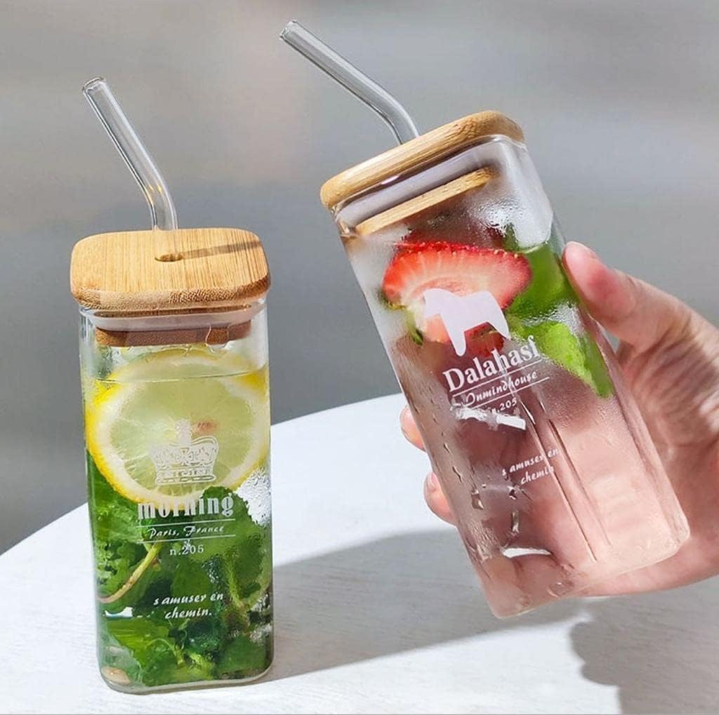 Wooden Lid Drinking Glass Sipper Straw