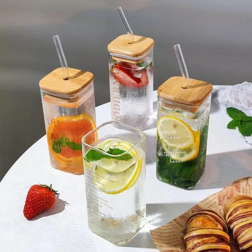 Wooden Lid Drinking Glass Sipper Straw